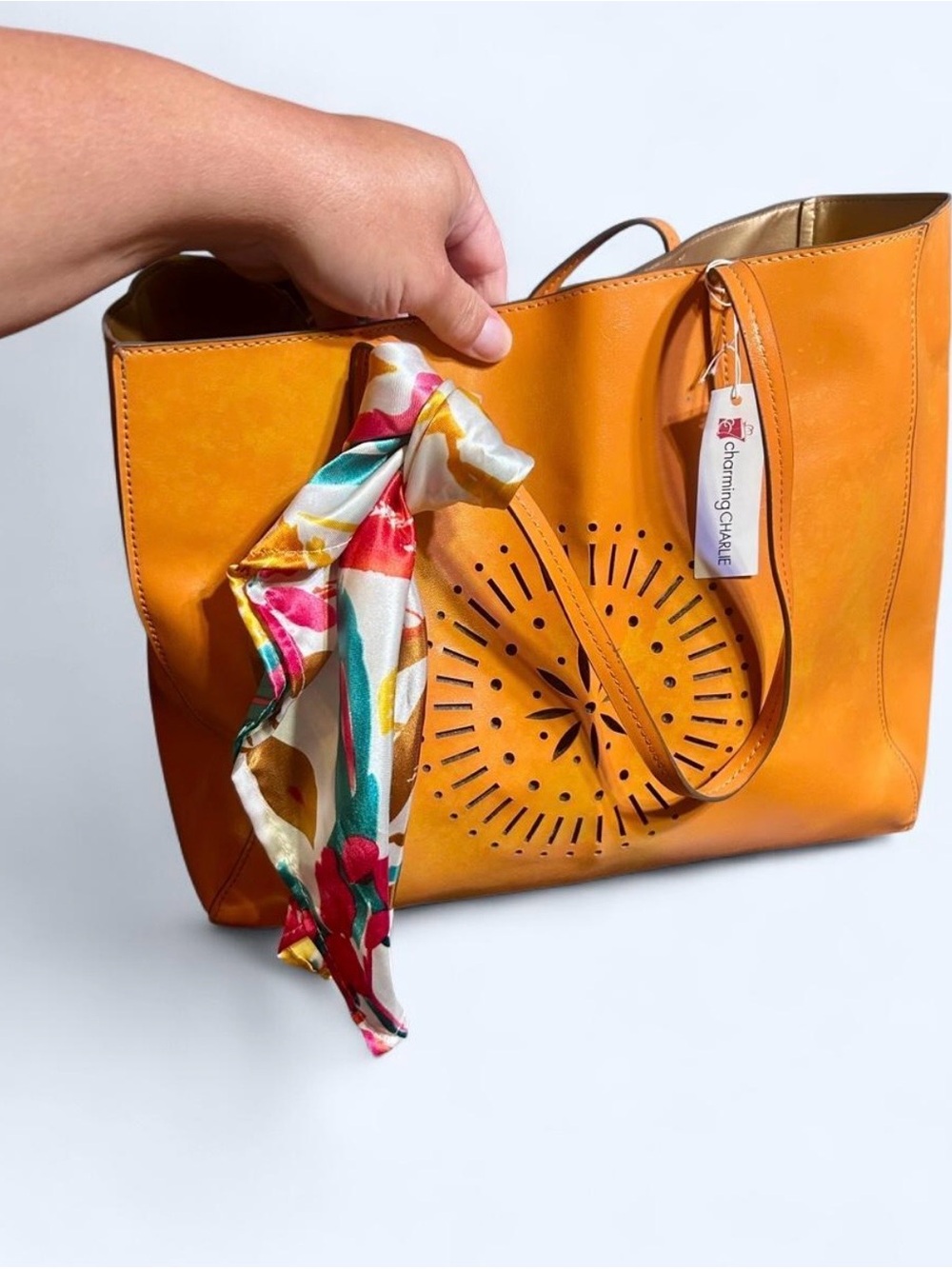 Charming Charlie Orange Tote with Printed Scarf